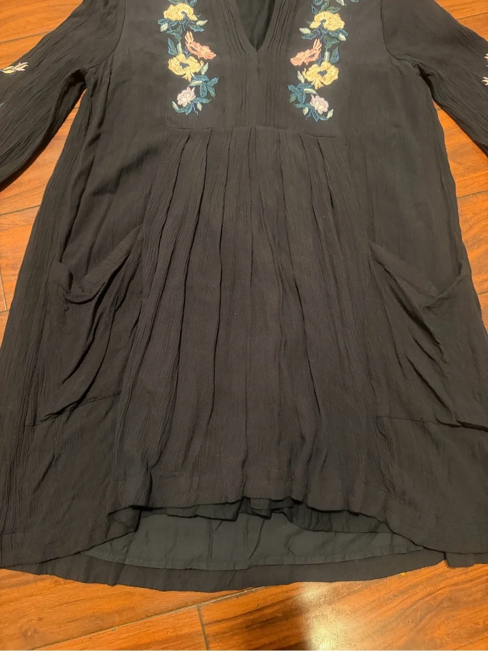 Free People Black Long Sleeve Floral Embroidered Tunic Dress